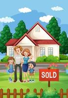 scène en plein air avec famille debout devant une maison à vendre vecteur