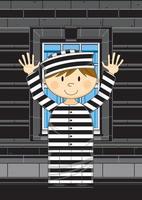dessin animé prisonnier dans prison cellule portant une classique rayé prison uniforme vecteur