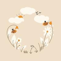 enfants circulaire Cadre avec fleurs, nature, des nuages, les abeilles. vecteur illustration dans plat style