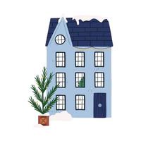 mignonne main tiré hiver loger, dessin animé plat vecteur illustration isolé sur blanc Contexte. Noël maison décoration avec Noël arbre dans pot, Fée lumières guirlande et pile de neige sur le toit.