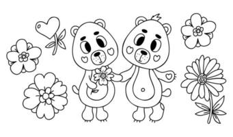 collection mignonne paire dans l'amour ours avec fleurs. vecteur illustration dans griffonnage style. isoler contour dessins. marrant mignonne animal personnages.