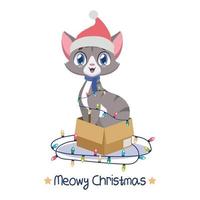 Jolly cat assis dans une boîte en carton entouré de lumières de Noël vecteur