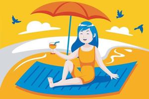 heureuse jeune femme aime boire à la plage. vecteur