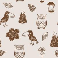 mignonne des gamins scandinave sans couture modèle avec marrant des oiseaux. corbeau, hibou, champignons, montagnes et feuilles. dessin animé illustration avec griffonnages pour bébé douche, garderie décor, enfants conception. vecteur. vecteur