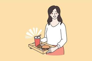 mauvais pour la santé en mangeant et graisse régime concept. Jeune souriant femme dessin animé personnage permanent en portant plateau avec Burger et limonade boisson mauvais pour la santé en mangeant vecteur illustration