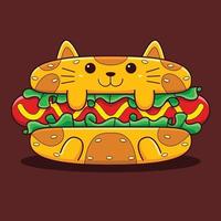 illustration de chat mignon hot-dog avec style cartoon plat. vecteur