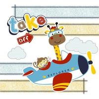 mignonne girafe avec singe sur avion, vecteur dessin animé vecteur
