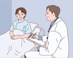 un médecin traite un patient couché dans un lit d'hôpital. vecteur