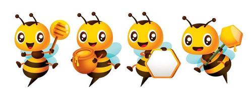 dessin animé mignonne abeille personnage ensemble séries avec différent pose. mignonne abeille en portant mon chéri louche, nid d'abeille enseigne et mon chéri pot. vecteur mascotte ensemble collection