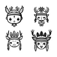 une mignonne kawaii cerf tête logo collection ensemble, orné avec Indien chef accessoires. main tiré avec l'amour et complexe détails vecteur
