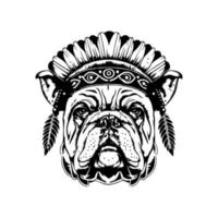 une bouledogue portant Indien chef coiffures dans main tiré ligne art illustration, parfait pour des sports équipes, mascottes, ou logos vecteur