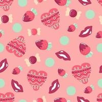 sans couture modèle pour la Saint-Valentin journée. avec le image de une cœur, bonbons, des fraises et rouge lèvres. dans main noyer style. brillant rose Contexte. vecteur