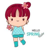 vecteur printemps illustration de mignonne fille en portant rose fleur, printemps main tiré esquisser style carte modèle.
