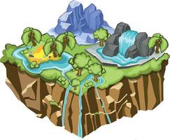 tropical Naturel paysage isométrique Jeu modèle, montagnes, volcans, cascades. vecteur illustration