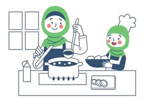 musulman maman et fille sont cuisine ensemble dans le cuisine vecteur