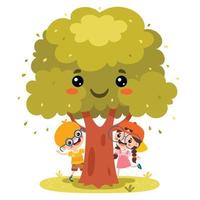 dessin animé les enfants en jouant en dessous de arbre vecteur