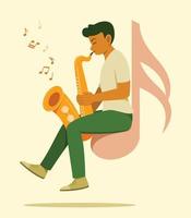 l'homme est assis sur le grand symbole de la note de musique et aime jouer du saxophone. vecteur