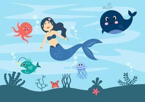 illustration vectorielle de sirène sous-marine mignons personnages de dessins animés animaux marins avec poisson, tortue, poulpe, hippocampe, crabe vecteur
