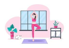 les pratiques de yoga ou de méditation visent les bienfaits pour la santé du corps pour contrôler les pensées, les émotions, les débuts et la recherche d'idées. illustration vectorielle design plat vecteur