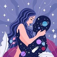 spirituel fille, fusion avec le univers, espace l'amour. rêve, pensée et méditation concept. vecteur illustration