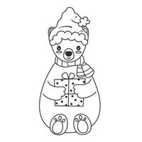 mignonne charmant main tiré dessin animé personnage bébé noir et blanc polaire ours avec Père Noël claus chapeau et cadeau boîte hiver vacances vecteur illustration pour Noël coloration art