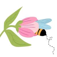 mignonne dessin animé coloré vecteur illustration avec abeille et rose fleur isolé sur blanc Contexte