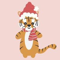 mignonne dessin animé adorable main tiré personnage bébé tigre avec Père Noël claus chapeau Noël vecteur illustration pour des gamins isolé sur rose Contexte