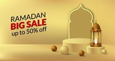 ramadan grande vente offre de vente modèle de bannière avec affichage de la scène du podium et décoration de lanterne dorée 3d vecteur