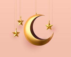 3d pendaison métal croissant lune et étoile décorations. islamique objet collection isolé sur rose Contexte. vecteur