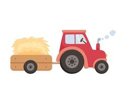 mignonne tracteur avec Chariot. agricole machinerie les transports foins. vecteur dessin animé illustration ferme tracteur isolé sur blanc Contexte