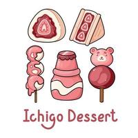 traditionnel Japonais fraise ichigo desserts. asiatique sucré nourriture daïfuku, sandwich, dando, sucré boire. vecteur illustration dans dessin animé style isolé sur blanc Contexte.