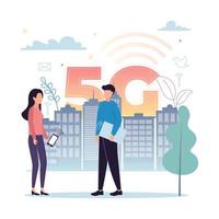 5g mobile l'Internet. une homme avec une ordinateur portable, une femme avec une téléphone intelligent, contre le Contexte de une ville bâtiment, végétaux, réseau Icônes, des nuages. vecteur illustration.