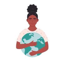 femme noire étreignant le globe terrestre. jour de la terre, sauver la planète, protéger la nature, conscience écologique vecteur