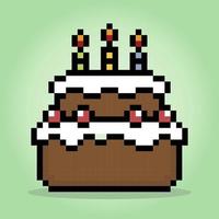 Gâteau d'anniversaire pixel 8 bits. aliment pour les actifs de jeu en illustration vectorielle. vecteur