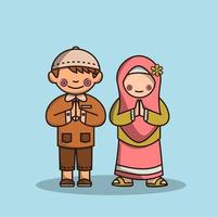 mignonne souriant musulman garçon et fille célébrer eid mubarak vecteur illustration