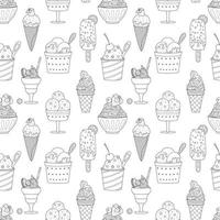 sans couture modèle avec contour différent la glace crème, popsicle, gaufre cône, bol avec fouetté aliments. griffonnage sucré été desserts. main tiré noir et blanc vecteur illustration sur blanc Contexte.