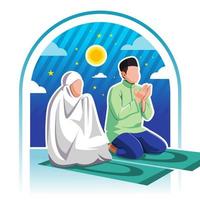 musulman couple prier plat illustration vecteur