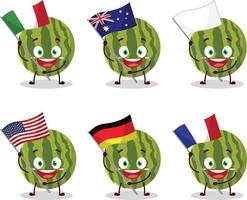 pastèque dessin animé personnage apporter le drapeaux de divers des pays vecteur