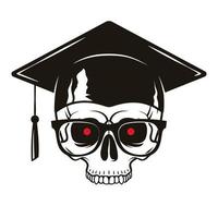 Humain crâne avec diplômé casquette, des lunettes et rouge yeux isolé sur blanc Contexte. vecteur illustration