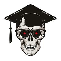 Humain crâne avec diplômé casquette, des lunettes et rouge yeux isolé sur blanc Contexte. grunge vecteur illustration