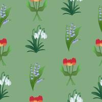 printemps concept. plat dessin animé sans couture modèle avec tulipes, perce-neige et jacinthes vecteur