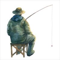 pêcheur avec pêche barre sur blanc arrière-plan, aquarelle illustration. pêche barre dans main. capture poisson. loisir pêche. une pêcheur est assis sur une chaise avec une pêche barre dans le sien main, vue de le retour vecteur