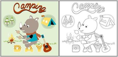vecteur dessin animé illustration de mignonne rhinocéros dans camping, coloration page ou livre