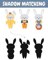 mignonne lapins, lapins ombre correspondant à activité pour les enfants. content Pâques. trouver le correct silhouette imprimable feuille de travail. vecteur kawaii dessin animé illustration pour orthodoxe Pâques.