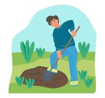jardinage à la ferme. un jeune homme travaille au jardin, un fermier creuse la terre. illustration vectorielle de dessin animé plat. vecteur