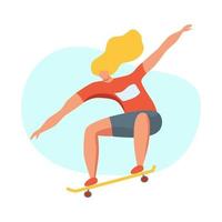 planche à roulettes jeune femme. adolescente ou skateboarder équitation planche à roulettes. personnage de dessin animé féminin isolé sur fond blanc. illustration vectorielle plane. vecteur