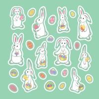 collection de main tiré blanc mignonne Pâques lapins, paniers avec des œufs dans pastel couleurs. ensemble de autocollants - lapin, décoré œufs, panier avec coloré des œufs. unique isolé vecteur conception éléments