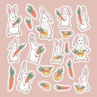 collection de main tiré blanc mignonne printemps lapins, paniers avec carottes dans pastel couleurs. ensemble de autocollants - lapin, gros et petit carottes, panier avec carottes. unique isolé vecteur conception éléments