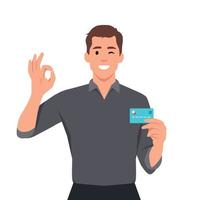 Jeune homme d'affaire montrant crédit, débit, au m carte et fabrication d'accord ou D'accord geste signe avec main des doigts. la personne en portant numérique Paiement carte vecteur