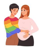 lgbt. une lesbienne couple est attendant une bébé. lesbienne couple en train de préparer à devenir parents. romantique sexuel rapports entre femmes. lesbienne les amoureux. dessin animé vecteur illustration.